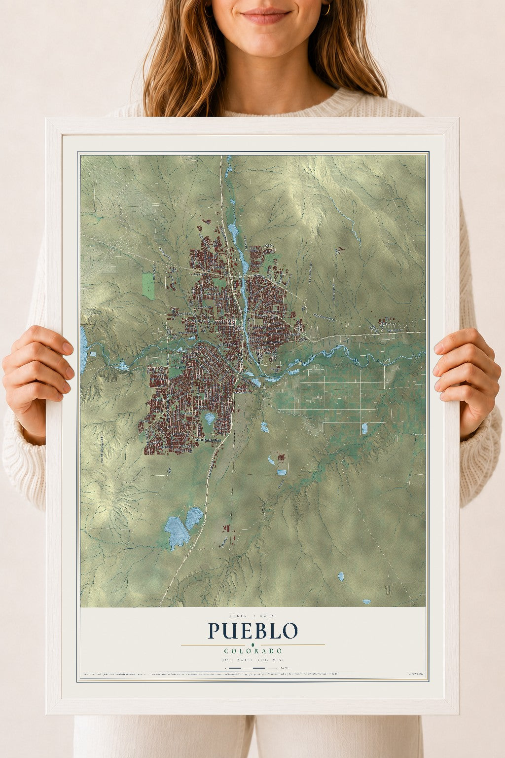 Map of Pueblo, Colorado, 18 x 24 inch print in a white wood frame