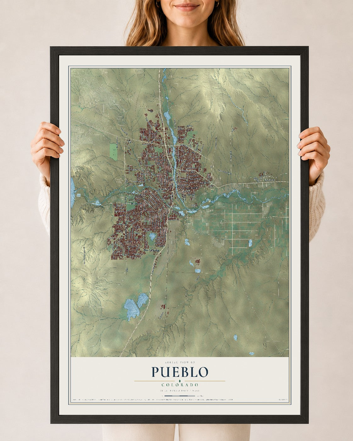 Map of Pueblo, Colorado, 24 x 36 inch print in a black wood frame