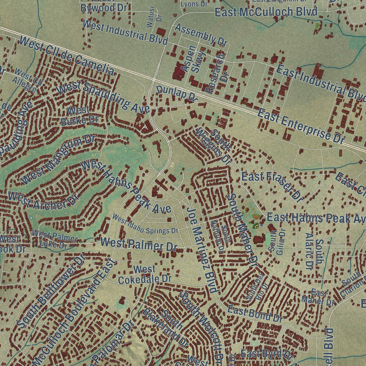 Close-up of the map of Pueblo West, Colorado print showing street and building detail