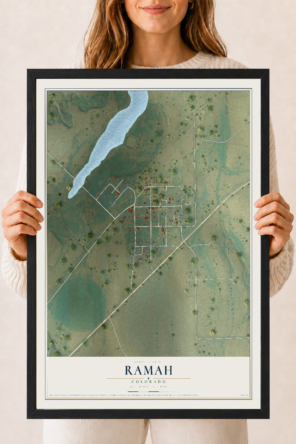 Map of Ramah, Colorado, 18 x 24 inch print in a black wood frame