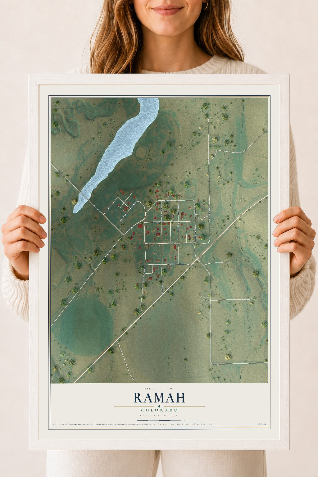 Map of Ramah, Colorado, 18 x 24 inch print in a white wood frame
