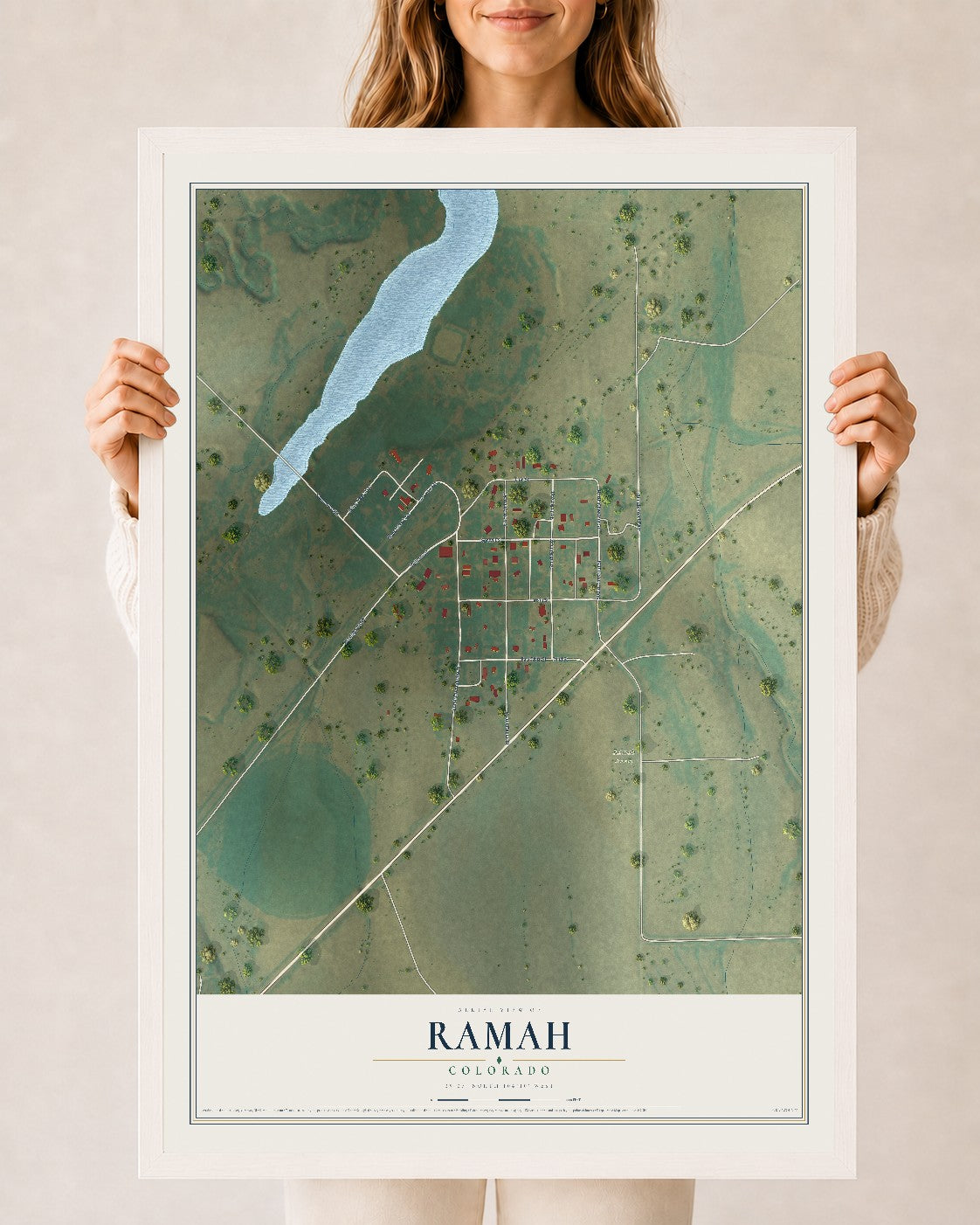 Map of Ramah, Colorado, 24 x 36 inch print in a white wood frame