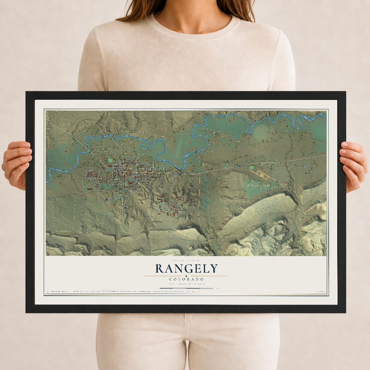 Map of Rangely, Colorado, 12 x 18 inch print in a black wood frame