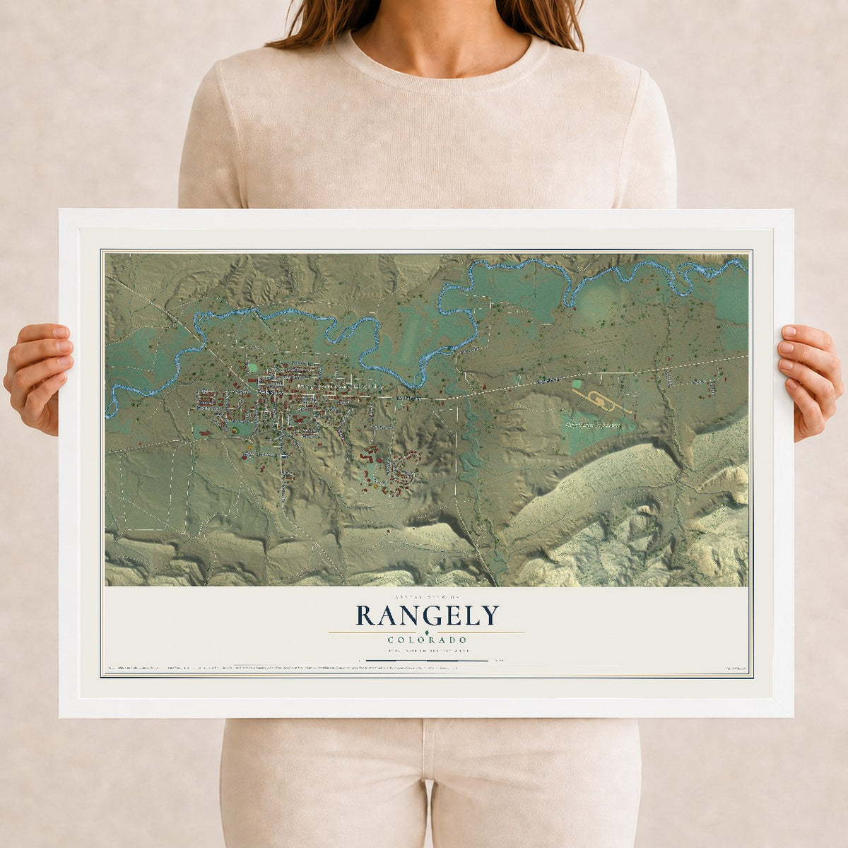 Map of Rangely, Colorado, 12 x 18 inch print in a white wood frame