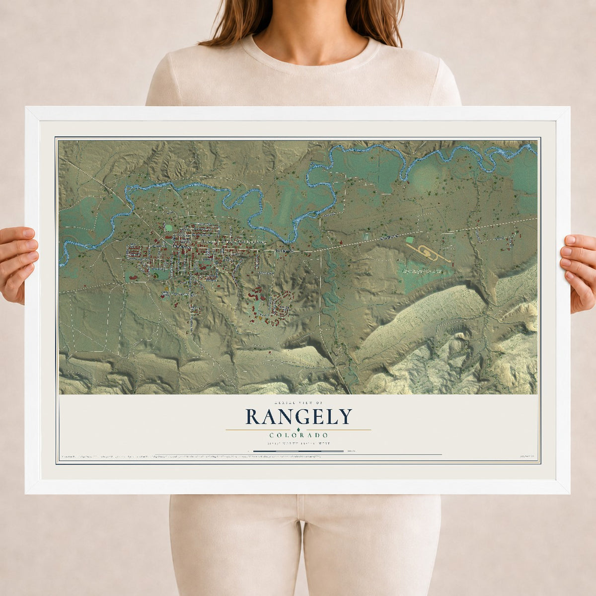 Map of Rangely, Colorado, 18 x 24 inch print in a white wood frame