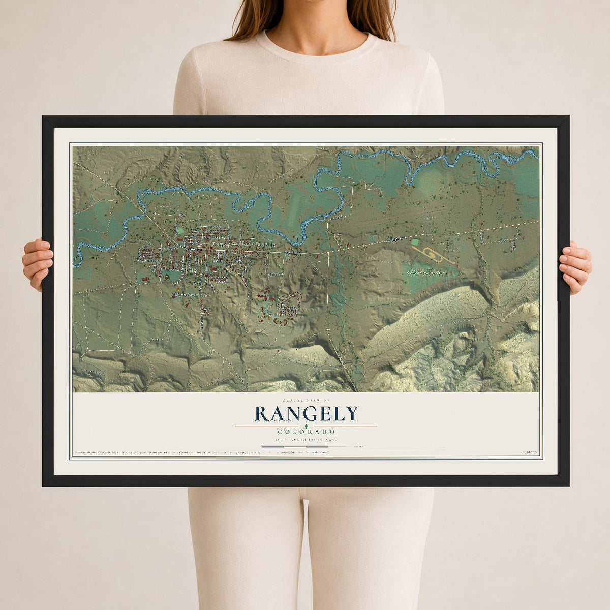 Map of Rangely, Colorado, 24 x 36 inch print in a black wood frame