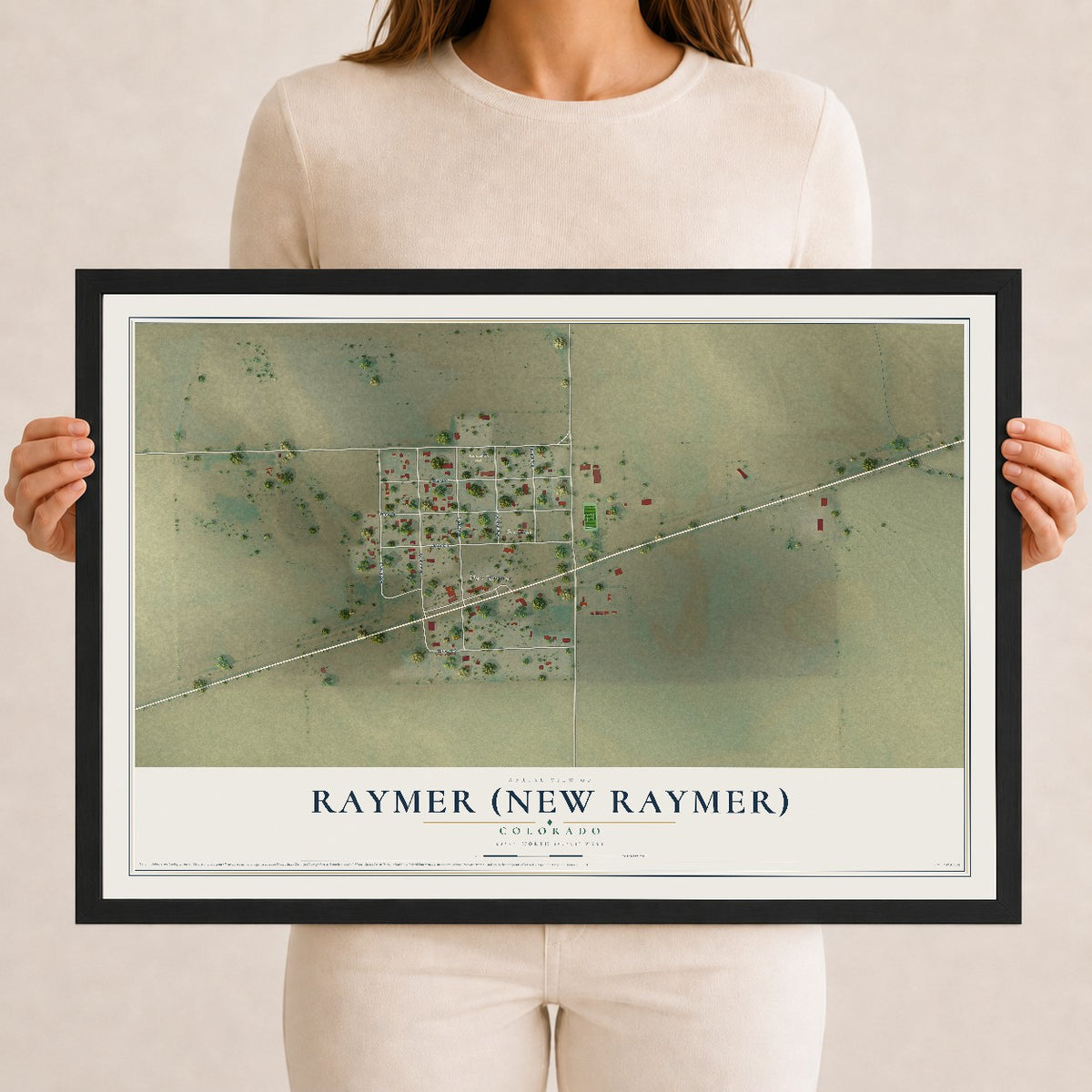 Map of Raymer (New Raymer), Colorado, 12 x 18 inch print in a black wood frame