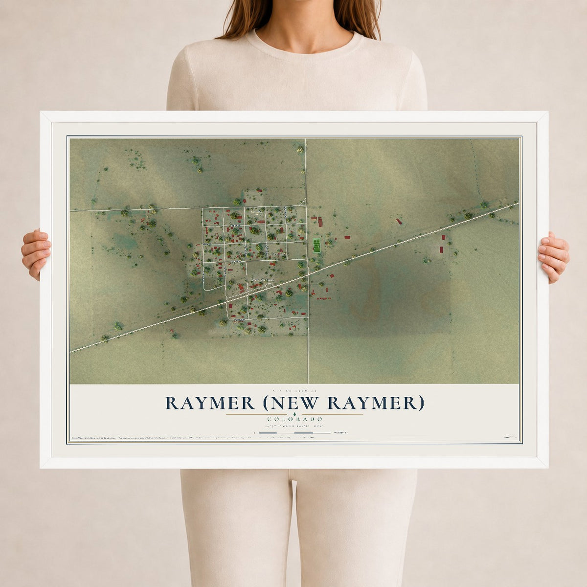 Map of Raymer (New Raymer), Colorado, 24 x 36 inch print in a white wood frame