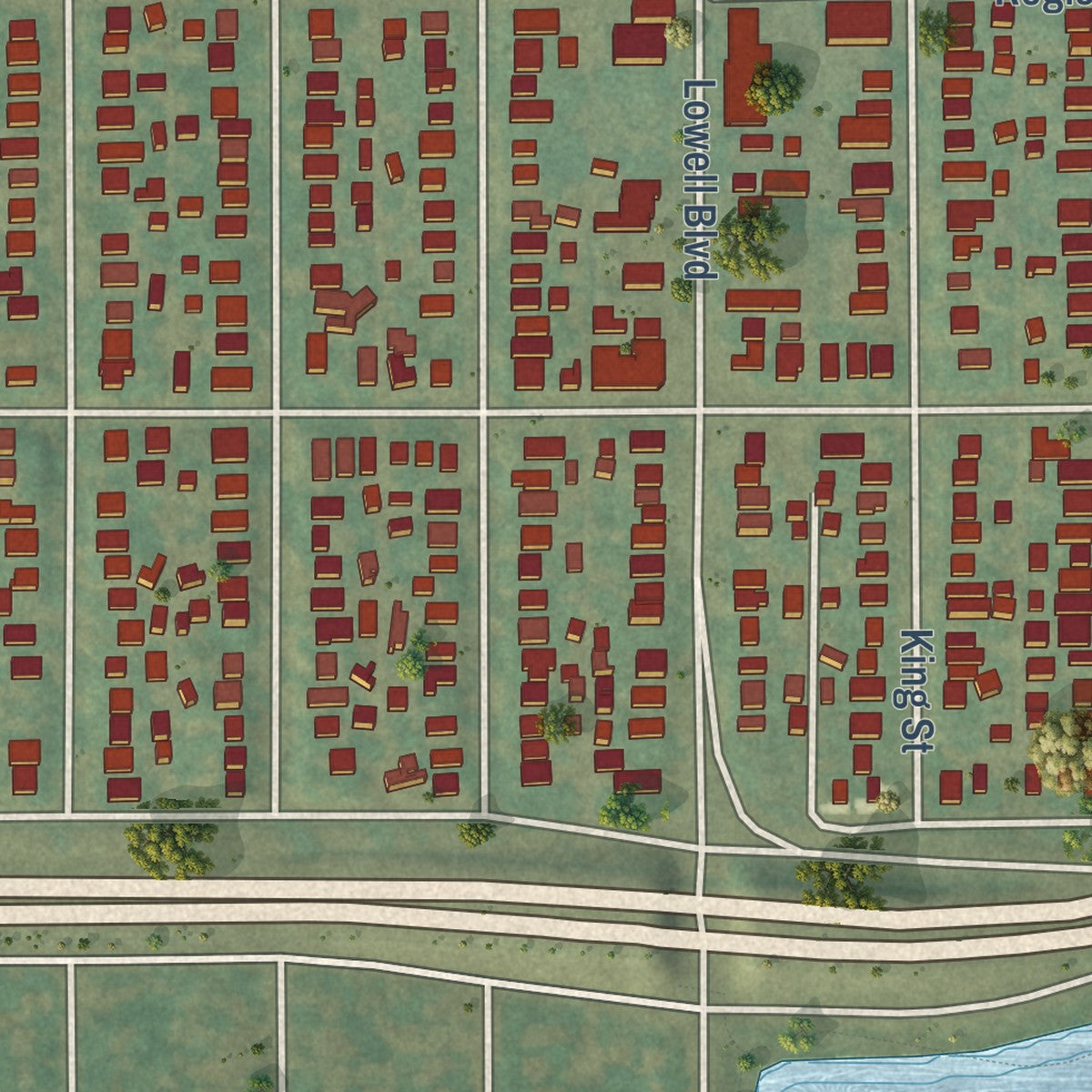 Close-up of the map of Regis, Colorado print showing street and building detail