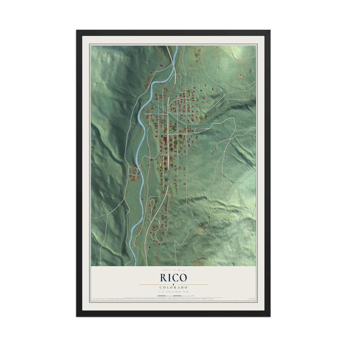 Map of Rico, Colorado, 12 x 18 inch print in a black wood frame
