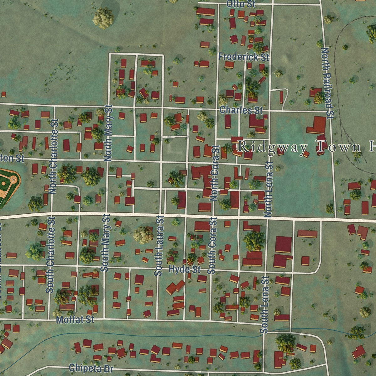 Close-up of the map of Ridgway, Colorado print showing street and building detail