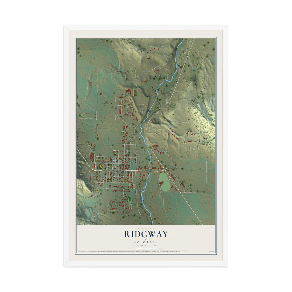 Map of Ridgway, Colorado, 12 x 18 inch print in a white wood frame