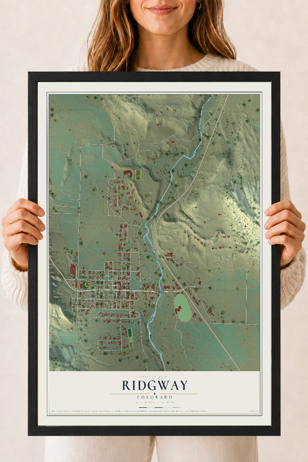 Map of Ridgway, Colorado, 18 x 24 inch print in a black wood frame