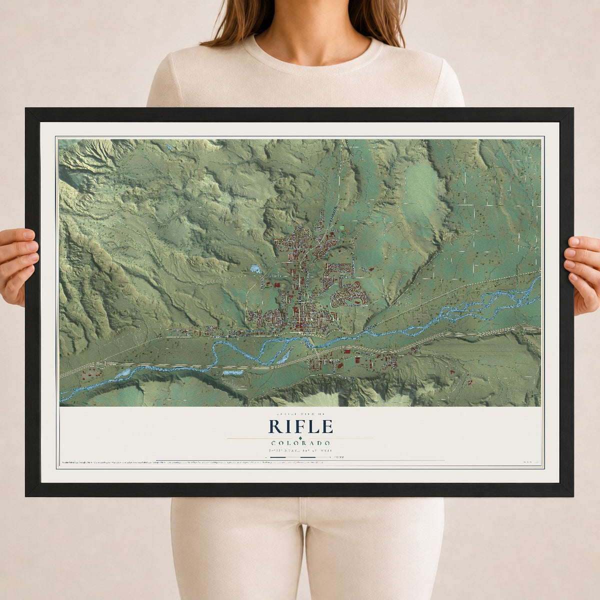 Map of Rifle, Colorado, 18 x 24 inch print in a black wood frame
