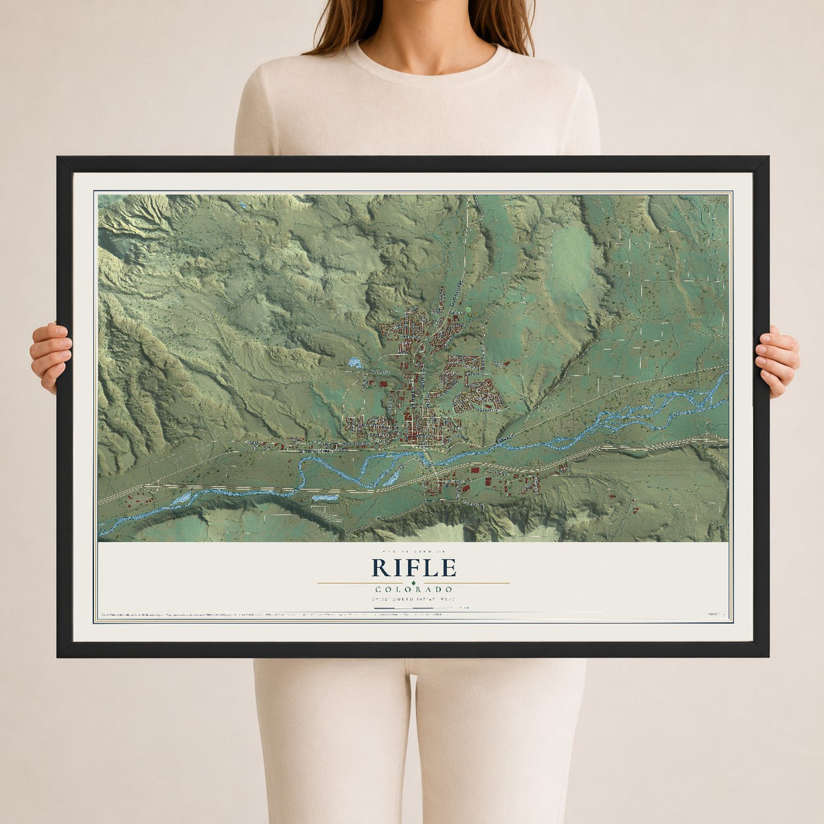 Map of Rifle, Colorado, 24 x 36 inch print in a black wood frame