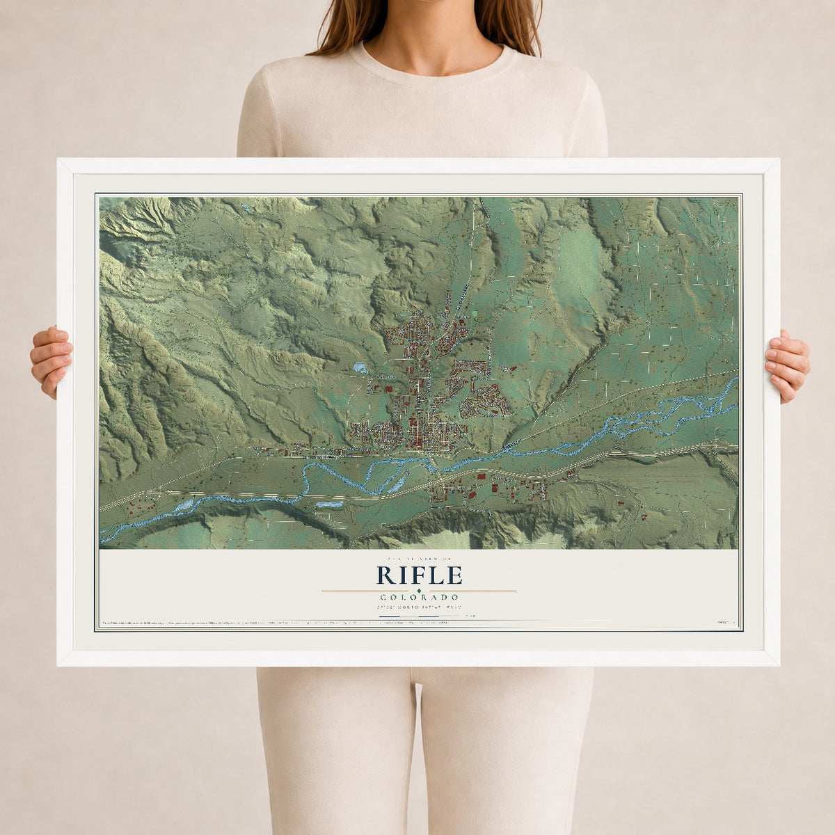 Map of Rifle, Colorado, 24 x 36 inch print in a white wood frame