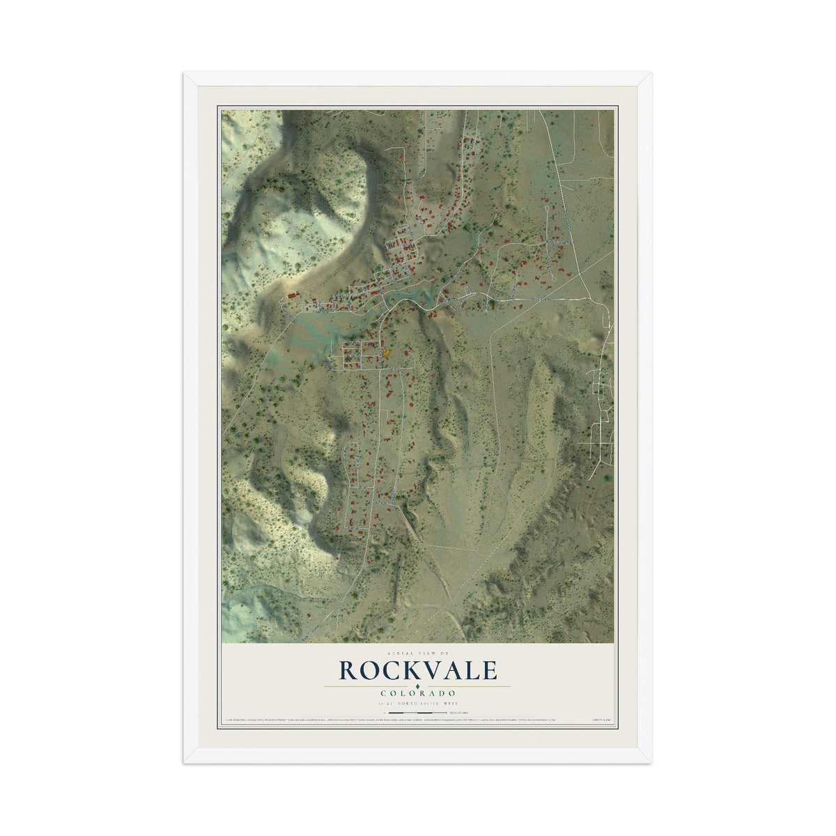 Map of Rockvale, Colorado, 12 x 18 inch print in a white wood frame