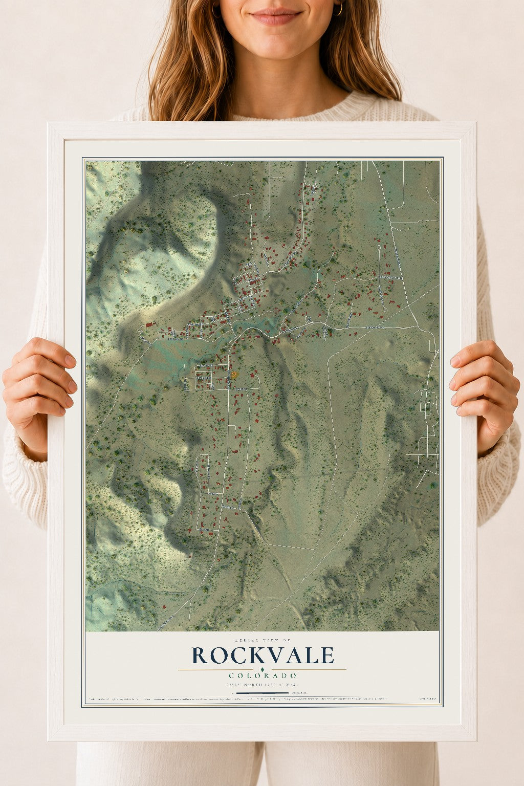 Map of Rockvale, Colorado, 18 x 24 inch print in a white wood frame