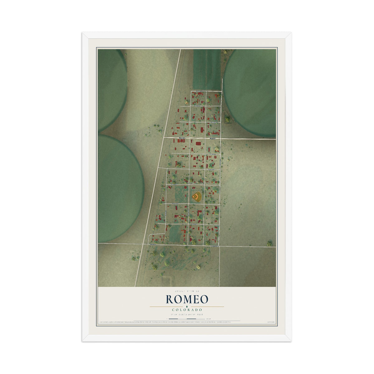 Map of Romeo, Colorado, 12 x 18 inch print in a white wood frame