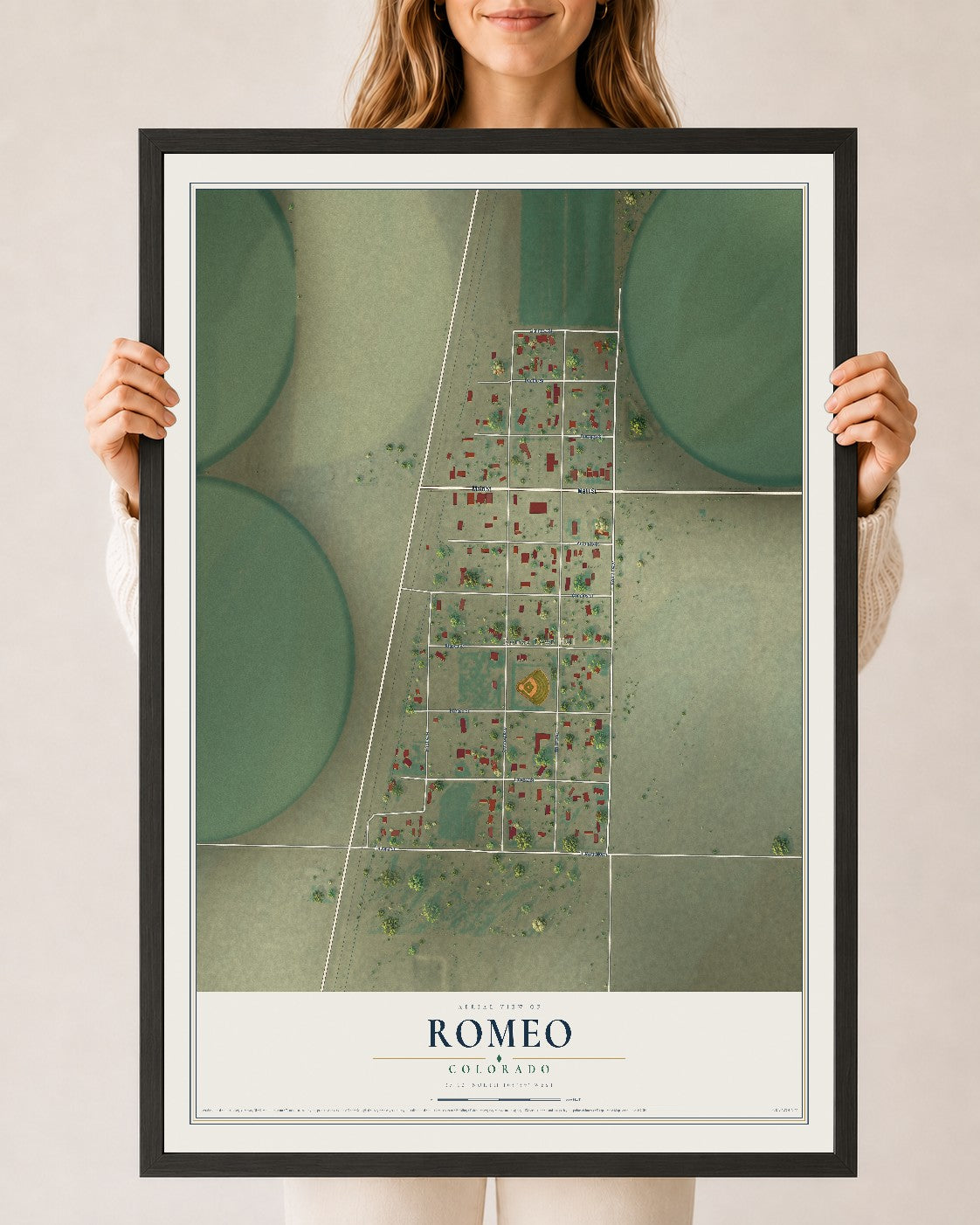 Map of Romeo, Colorado, 24 x 36 inch print in a black wood frame