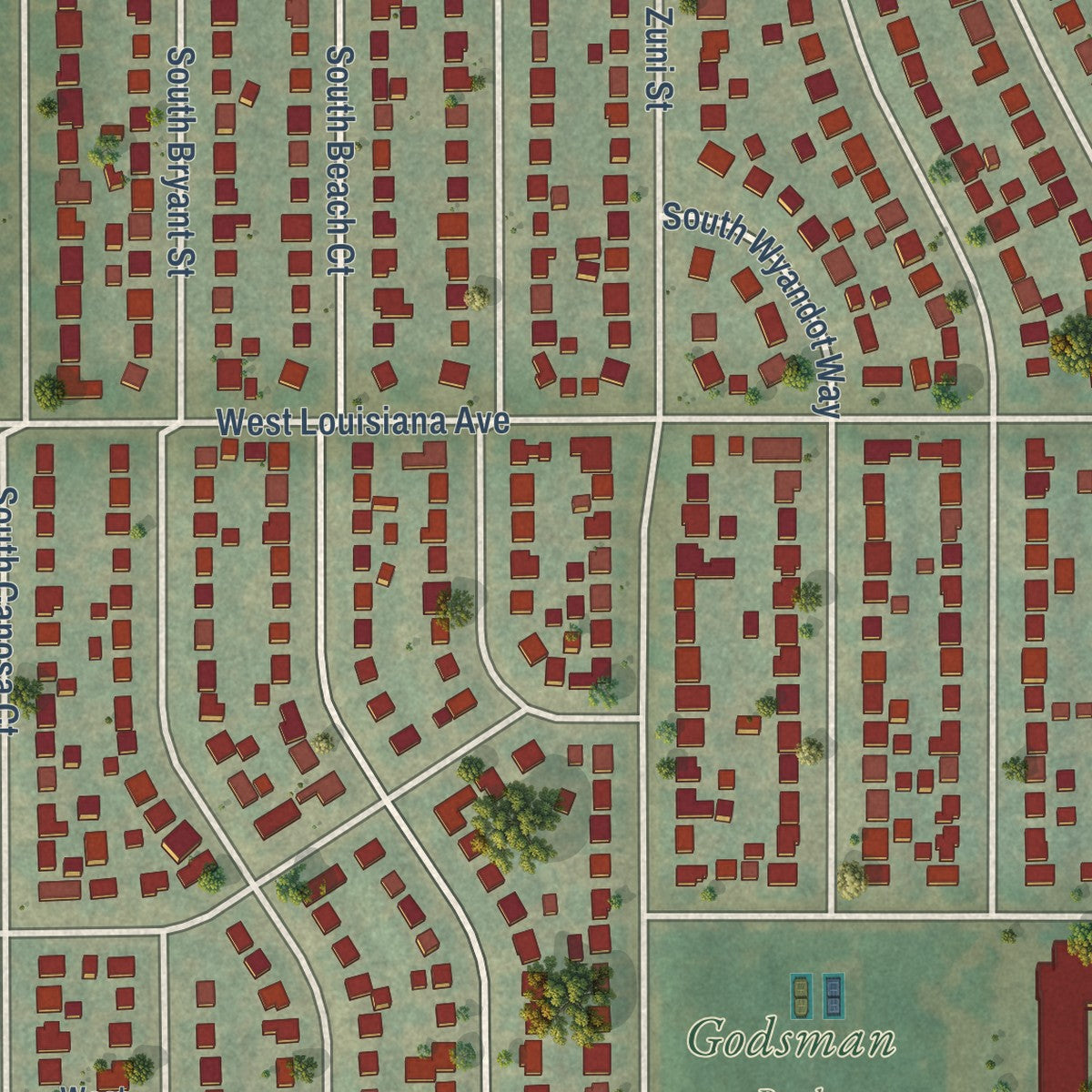 Close-up of the map of Ruby Hill, Colorado print showing street and building detail