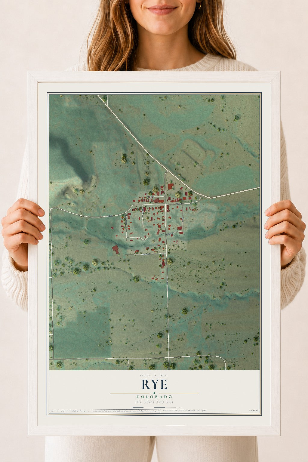 Map of Rye, Colorado, 18 x 24 inch print in a white wood frame