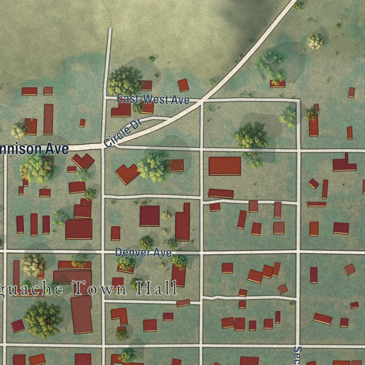 Close-up of the map of Saguache, Colorado print showing street and building detail