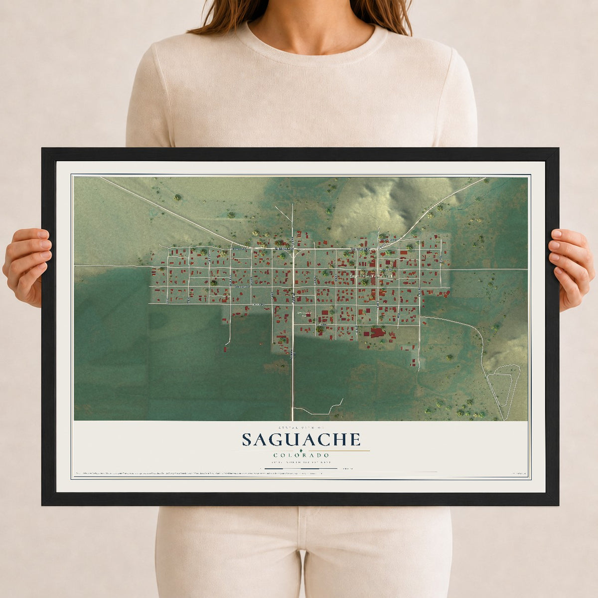 Map of Saguache, Colorado, 12 x 18 inch print in a black wood frame