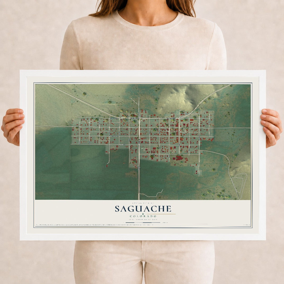 Map of Saguache, Colorado, 12 x 18 inch print in a white wood frame