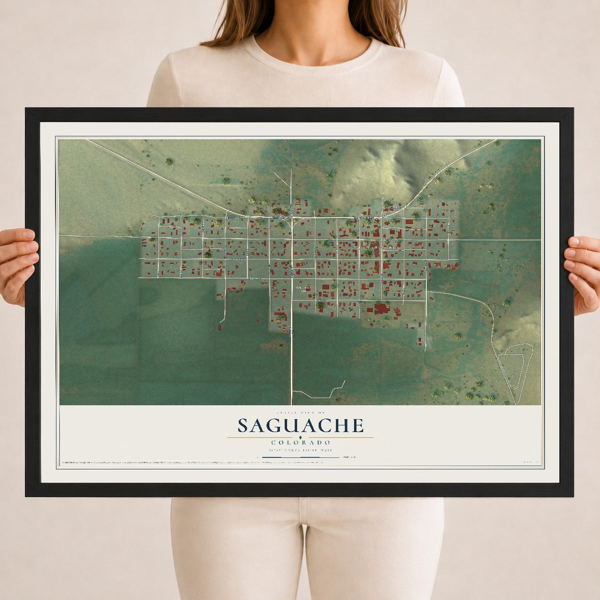 Map of Saguache, Colorado, 18 x 24 inch print in a black wood frame