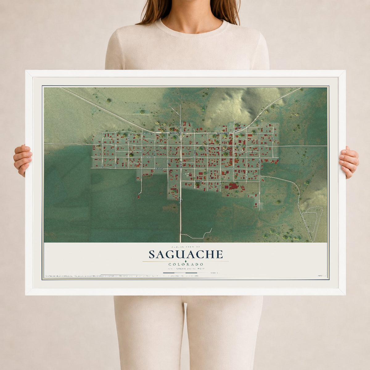 Map of Saguache, Colorado, 24 x 36 inch print in a white wood frame