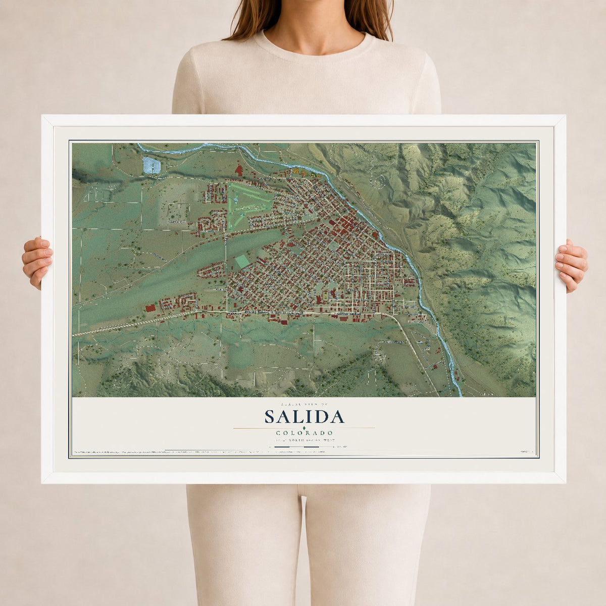 Map of Salida, Colorado, 24 x 36 inch print in a white wood frame