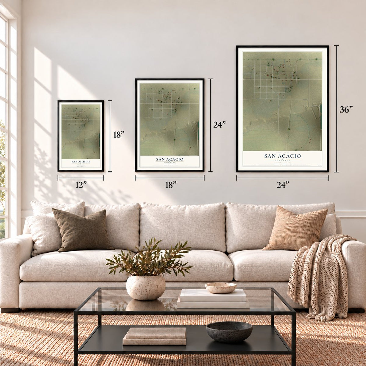 San Acacio, Colorado map in 12 x 18, 18 x 24 and 24 x 36 inch sizes above a sofa