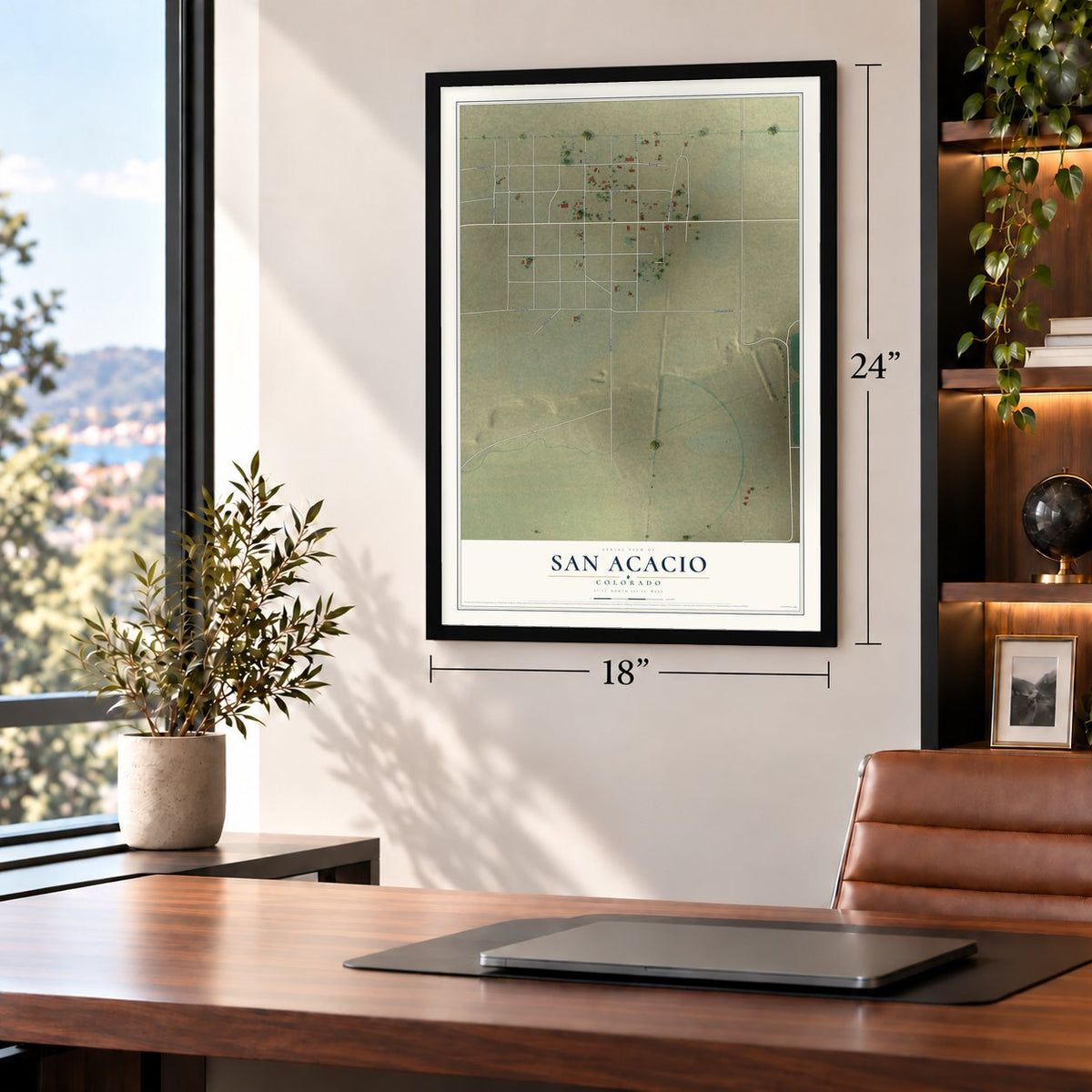 San Acacio, Colorado map, 18 x 24 inch print in a black frame in a home office