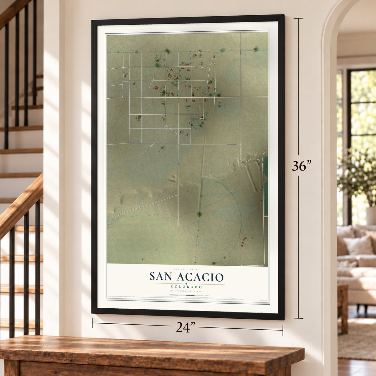 San Acacio, Colorado map, 24 x 36 inch print in a black frame by a staircase