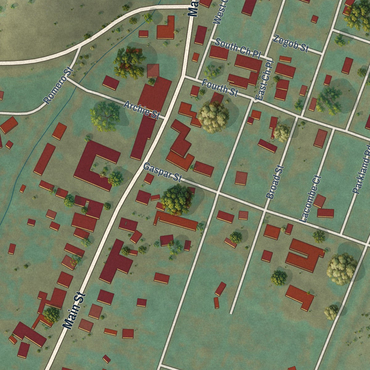 Second close-up of the map of San Luis, Colorado print showing more streets and buildings