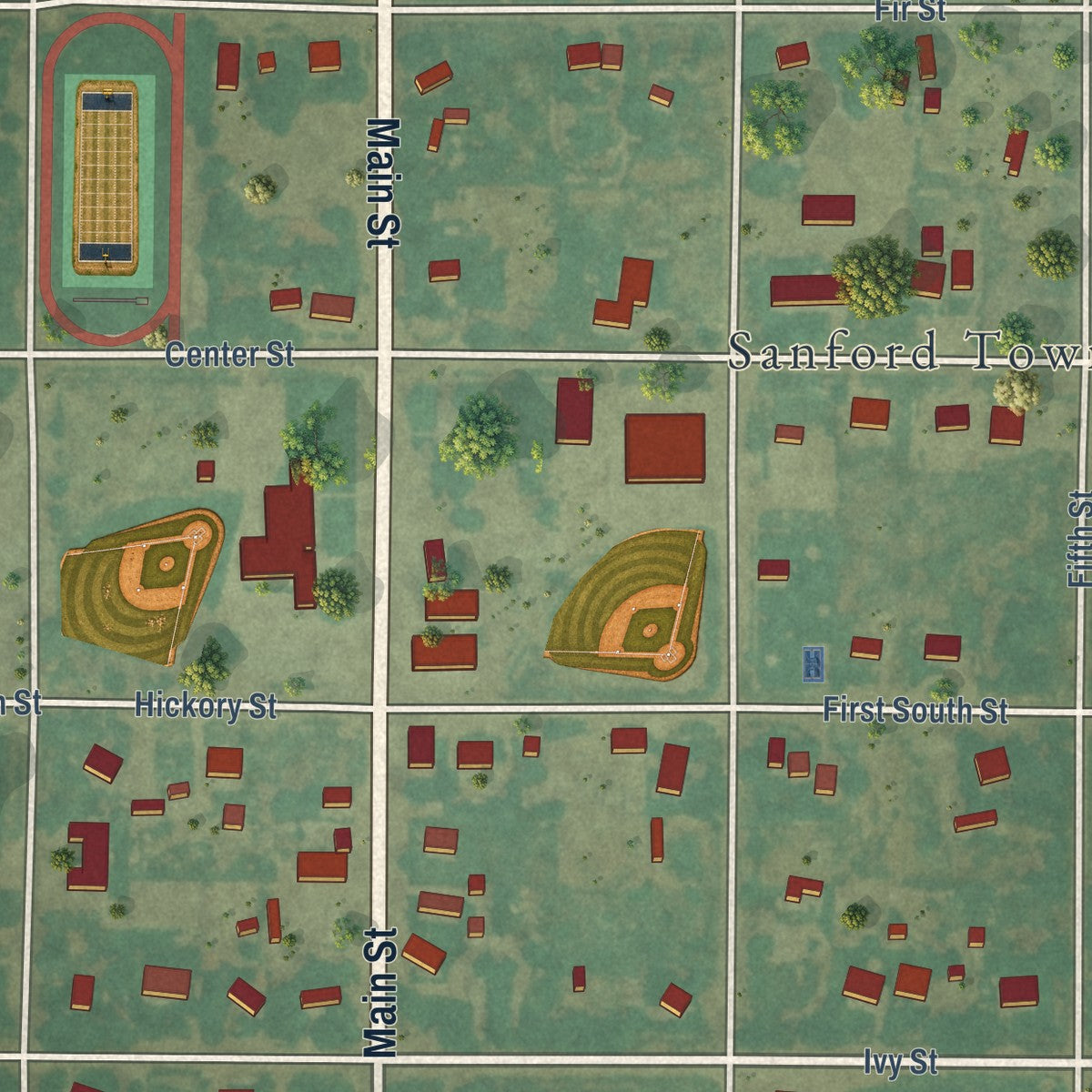 Close-up of the map of Sanford, Colorado print showing street and building detail
