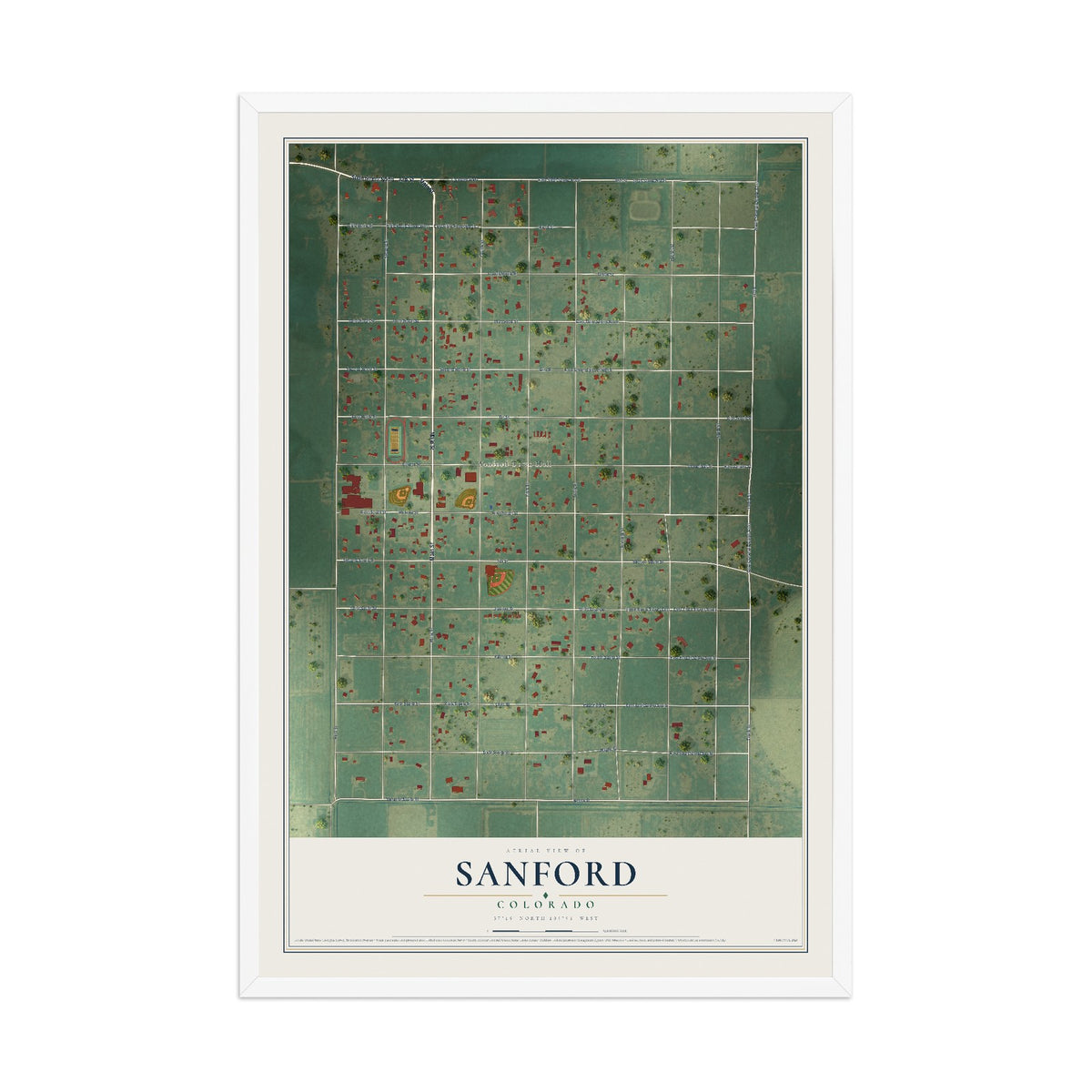 Map of Sanford, Colorado, 12 x 18 inch print in a white wood frame
