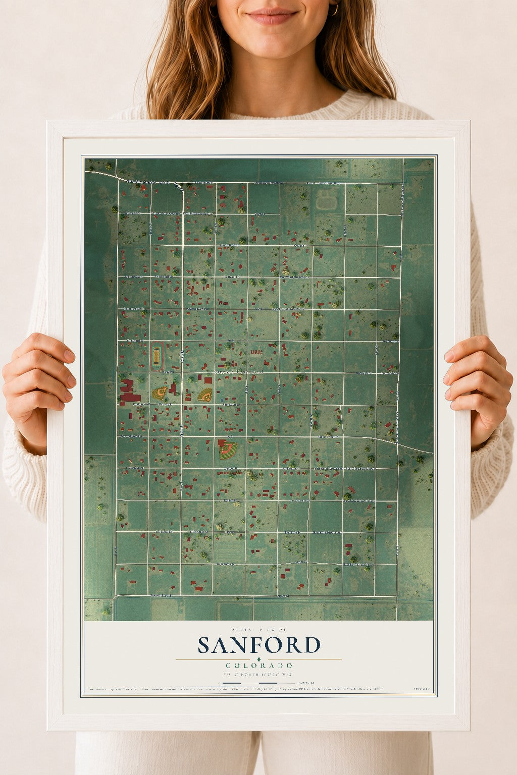Map of Sanford, Colorado, 18 x 24 inch print in a white wood frame