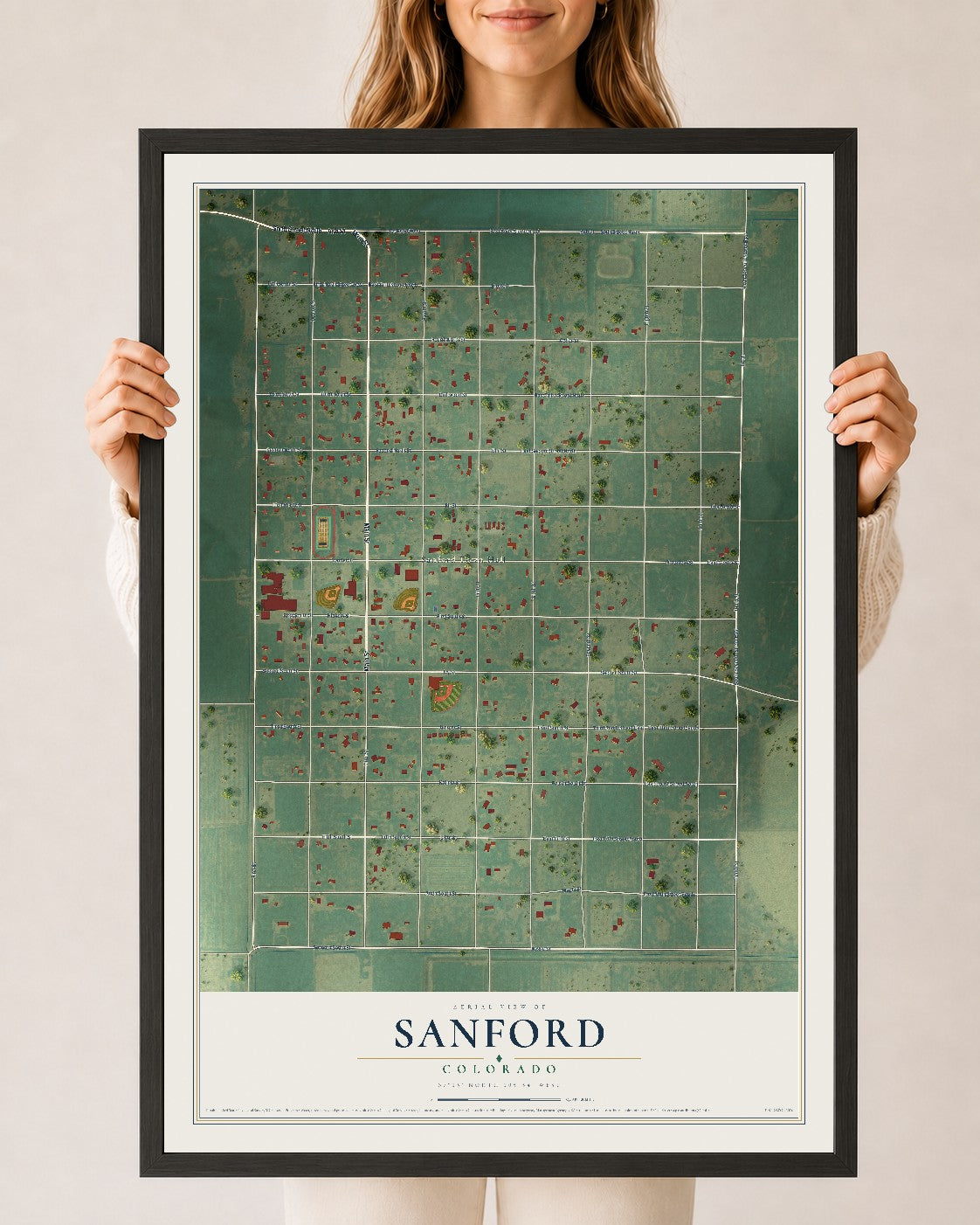 Map of Sanford, Colorado, 24 x 36 inch print in a black wood frame