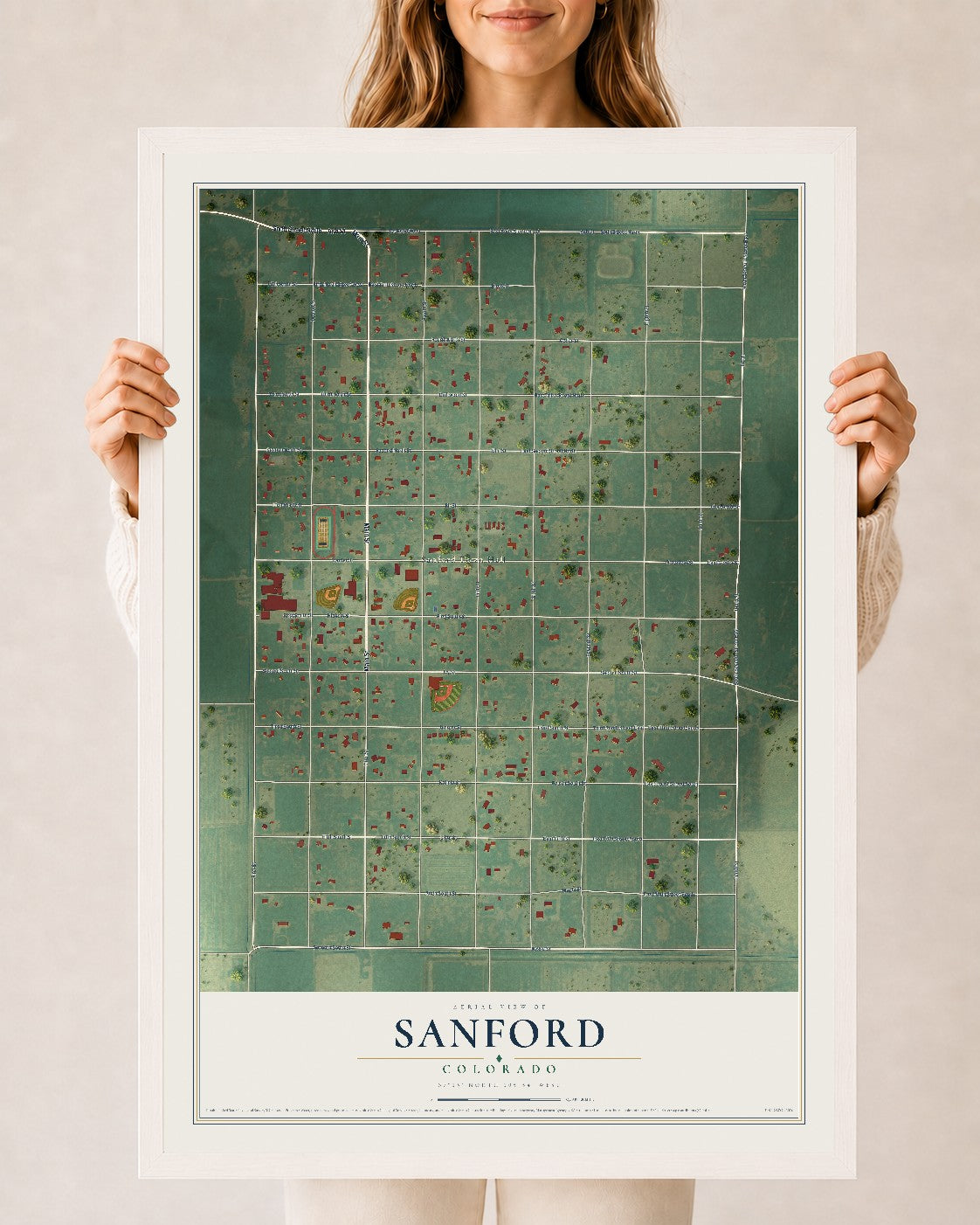 Map of Sanford, Colorado, 24 x 36 inch print in a white wood frame