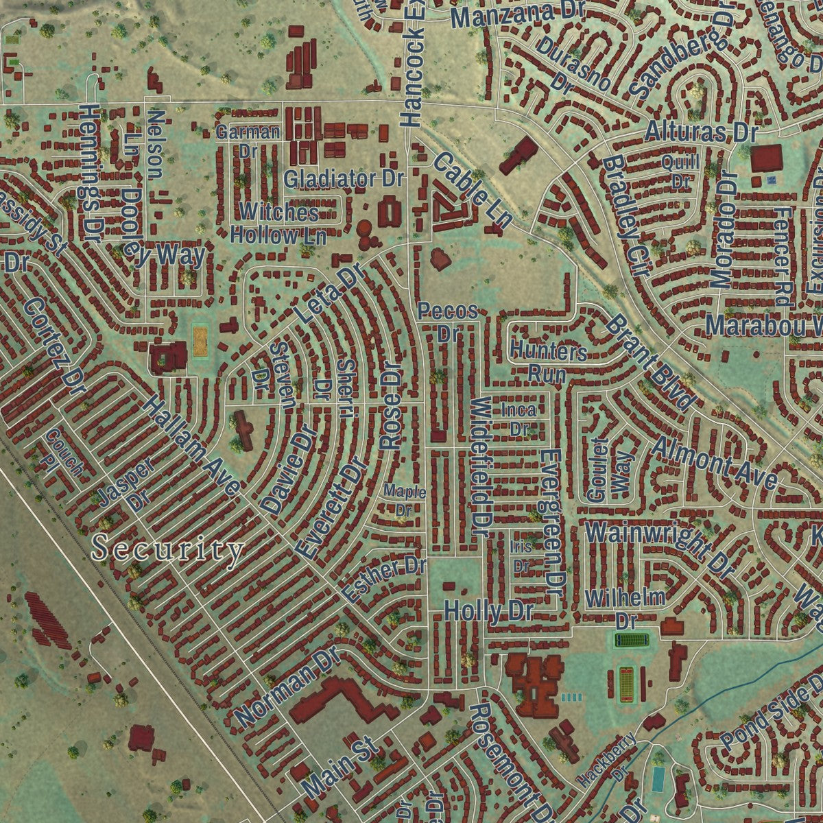 Close-up of the map of Security-Widefield, Colorado print showing street and building detail