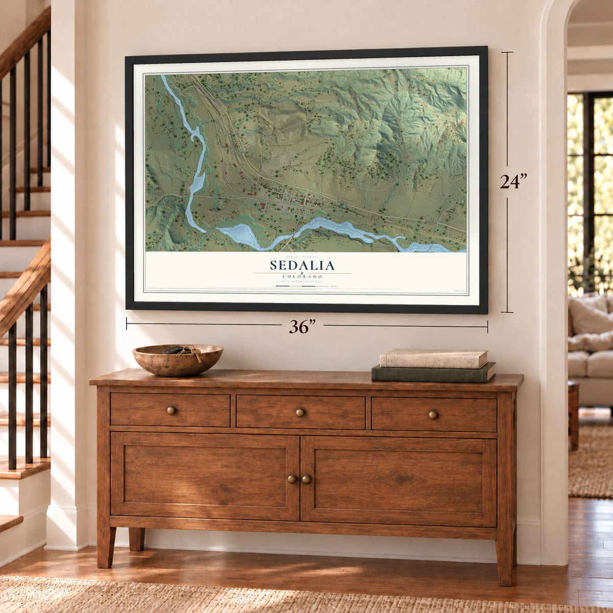 Sedalia, Colorado map, 24 x 36 inch print in a black frame above a dresser by a staircase