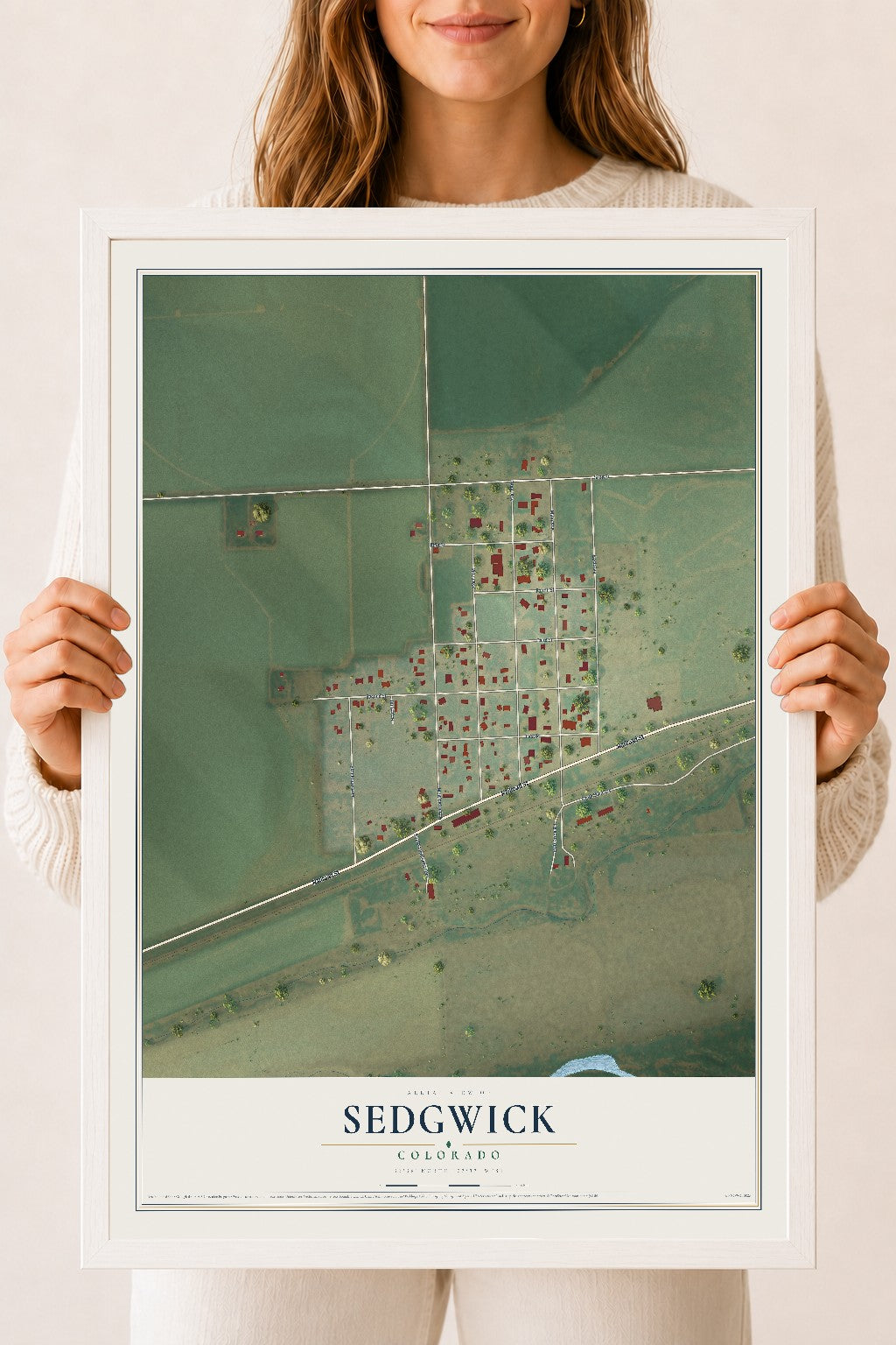 Map of Sedgwick, Colorado, 18 x 24 inch print in a white wood frame