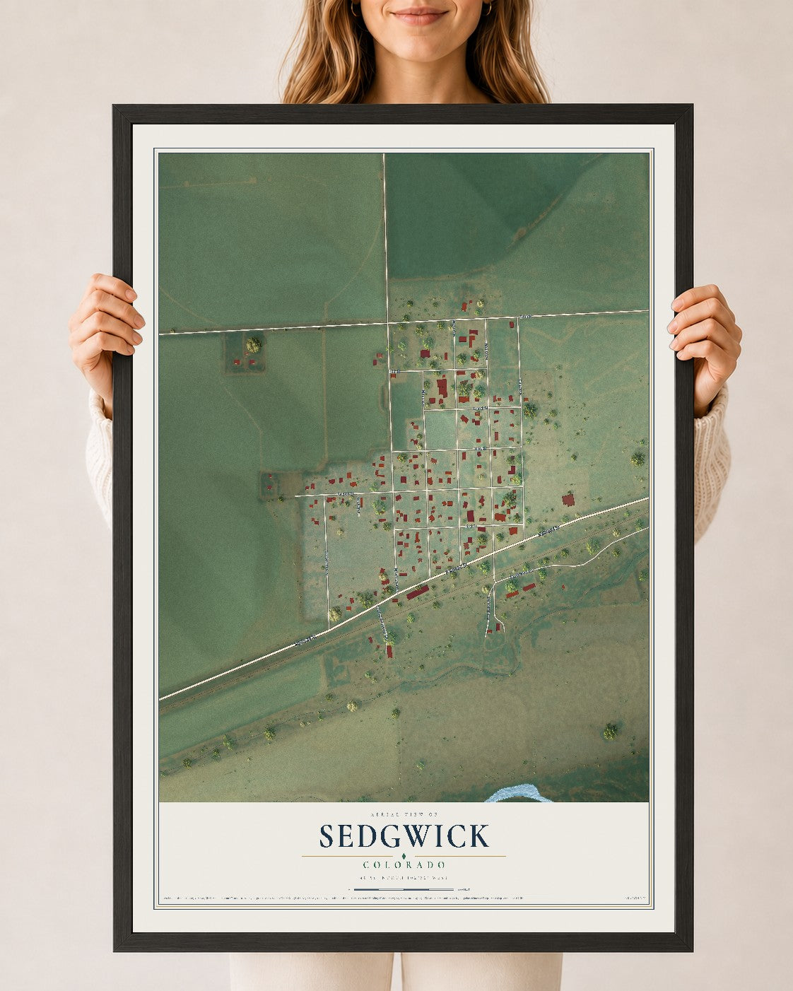 Map of Sedgwick, Colorado, 24 x 36 inch print in a black wood frame