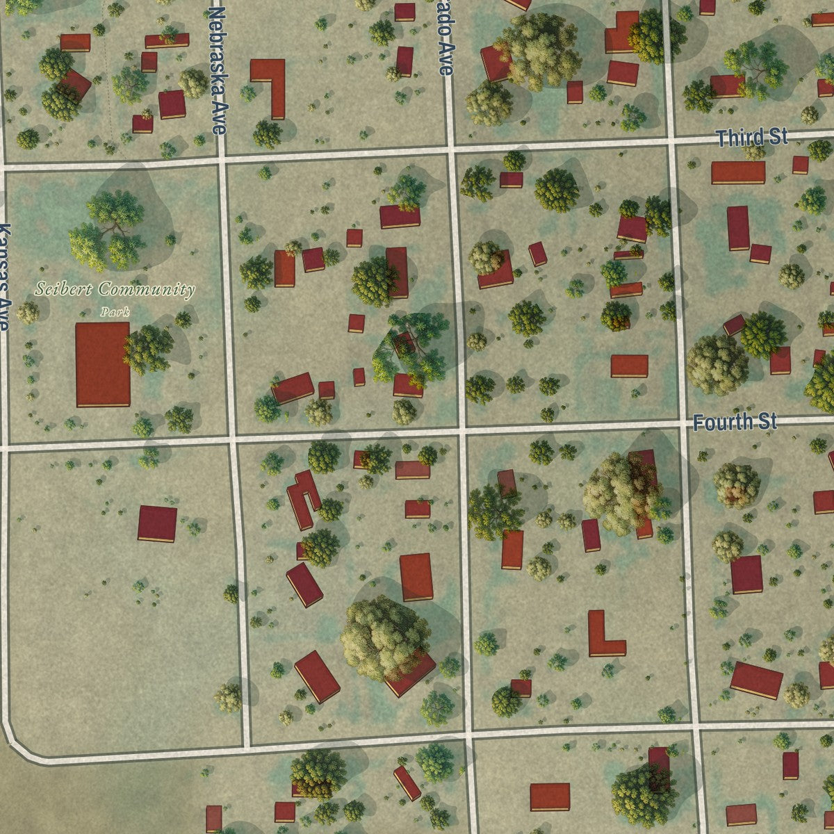 Close-up of the map of Seibert, Colorado print showing street and building detail