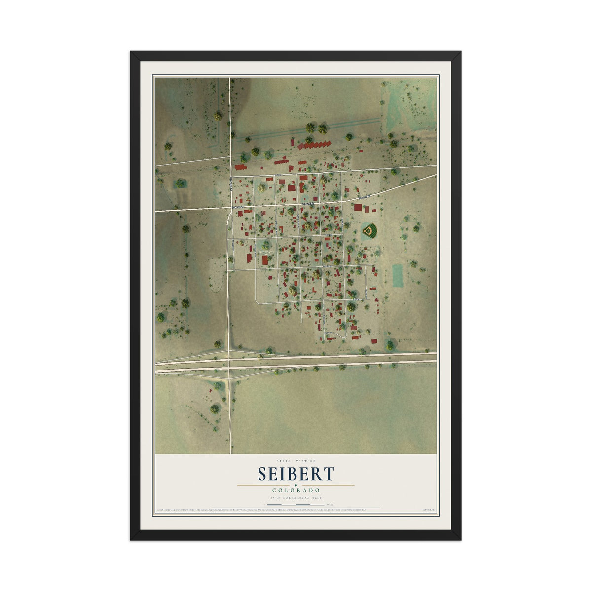 Map of Seibert, Colorado, 12 x 18 inch print in a black wood frame