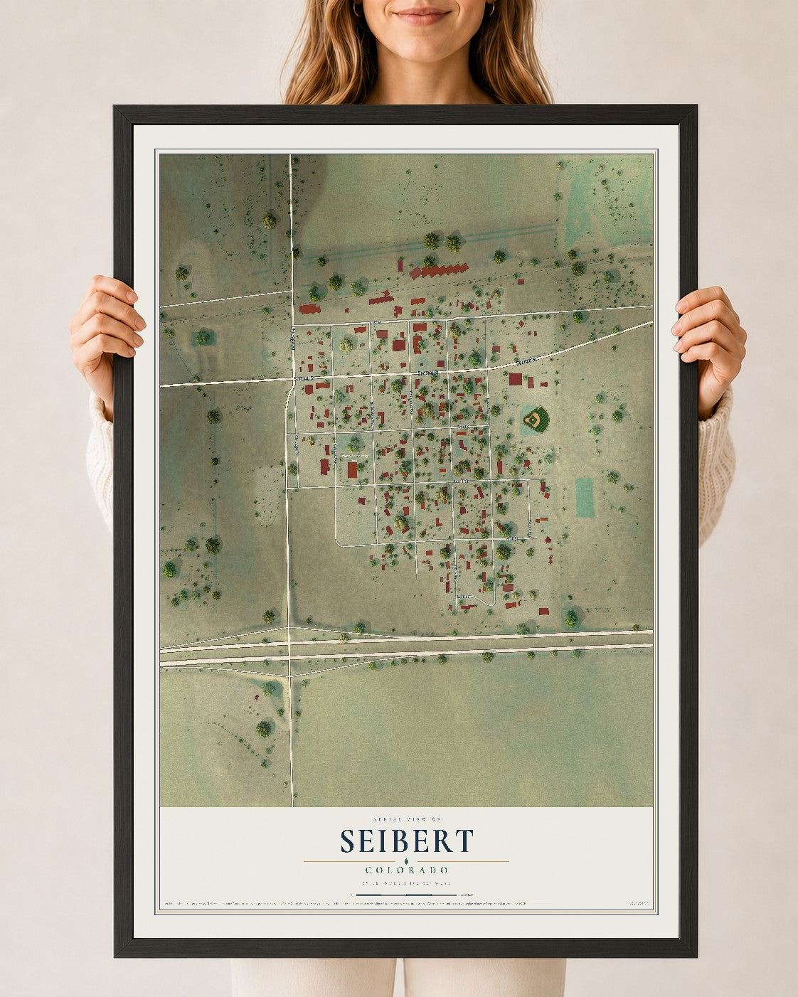 Map of Seibert, Colorado, 24 x 36 inch print in a black wood frame