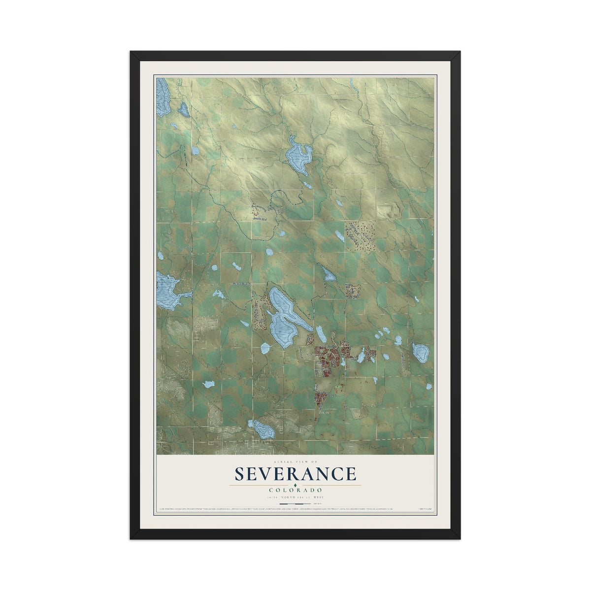 Map of Severance, Colorado, 12 x 18 inch print in a black wood frame