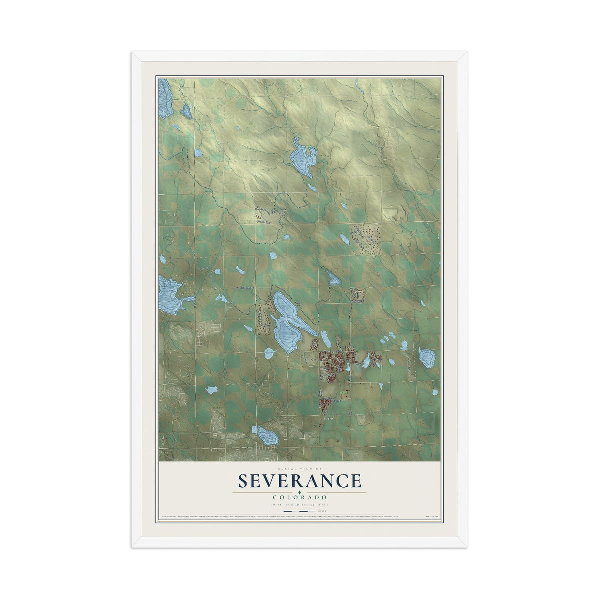 Map of Severance, Colorado, 12 x 18 inch print in a white wood frame